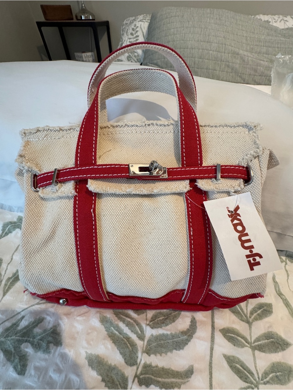 T.J.Maxx “Boatkin” Cream Canvas Tote with Red Trim